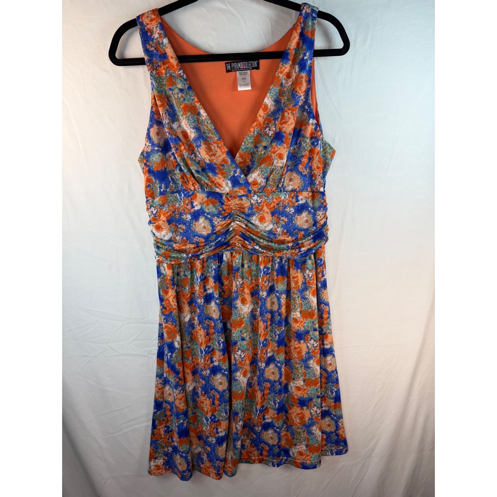 The‎ Pyramid Collection Womens Blue Orange Floral Ruched Empire Waist Dress L